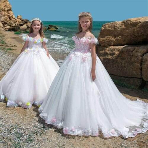 Pretty Flower Girl Dresses Fashion Fluffy Tulle Princess Pageant Applique Gown For Girls First Holy Communion Party Dresses