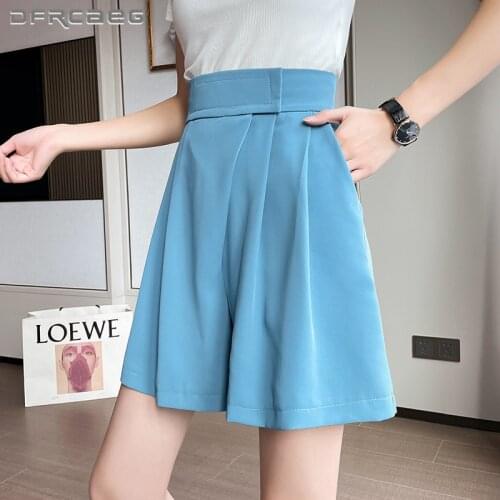 Blue Loose Velcro Wide Leg Summer Shorts Woman 2021 Casual Knee Lengh Bermuda Thin High Waist Short Pants Female