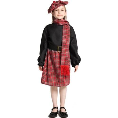 Girls Ethnic Style Red Lattice Scotland Party Fancy National Dress Halloween Cosplay Carnival Costume