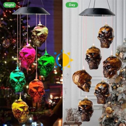 Color Changing Solar Power Wind Chime Skull Style Led Wind Chimes Waterproof Outdoor Windchime Light for Lawn Yard Garden