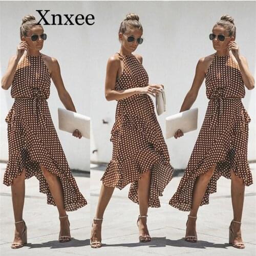 Xnxee Vintage Women Polka dot Dresses Summer Ruffles Halter Irregular Lace Up Dress Sleeveless Dresses For Female Vestidos