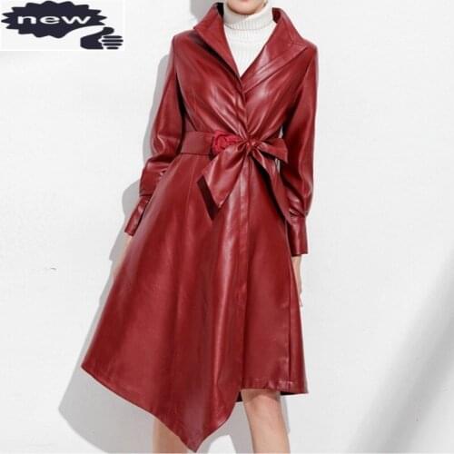 2021 New Brand Biker Leather Jacket Female Elegant Bow Lace Up Windbreakers Fashion Streetwear Slim Fit Lapel Belt Outerwear