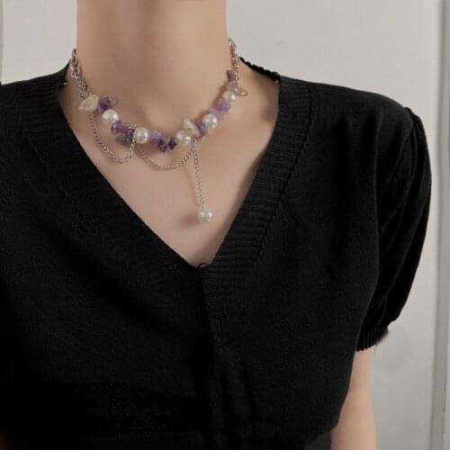 VSnow Luxury Purple Natural Irregular Stone Chokers Natural for Women Splice Asymmetry Imitation Pearl Beaded Natural Jewelry