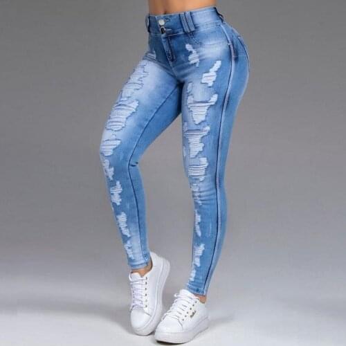 Women Fashion Jeans 2021 Autumn High Waist Hole Skinny Pencil Denim Stretch Slim Fitness Pants Trousers Streetwear