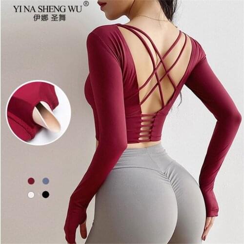 Women Crop Yoga Top Gym Sports Running Exercise Workout Backless Sweat T-shirt Fitness T-Shirt Long Sleeve Tee Shirt Sportswear