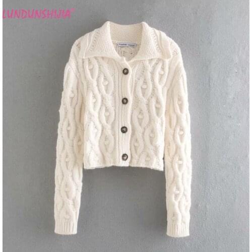 LUNDUNSHIJIA 2020 Autumn Women Fashion Casual Long-Sleeve White Knitted Cardigans Ladies Ball Decoration Loose Sweater Crop Tops