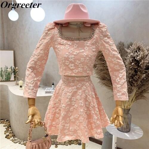 Temperament Ladies Floral Jacquard Two Piece Skirt Sets Women Fall 2021 New Square collar Diamond Crop Tops Mini Skirts Suits