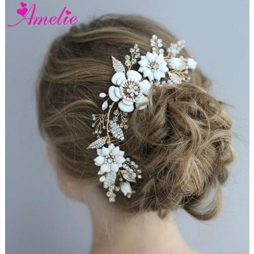 Gold Color Wedding Hair Comb Headband Porcelain Flower Bridal Headpiece Hair Accessories Side Combs