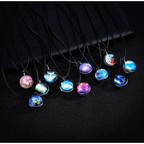2PCS Night Light Crystal Luminous Necklace Glass Cabochon Pendant Glow In The Dark Star Series Planet Necklace Street Jewelry