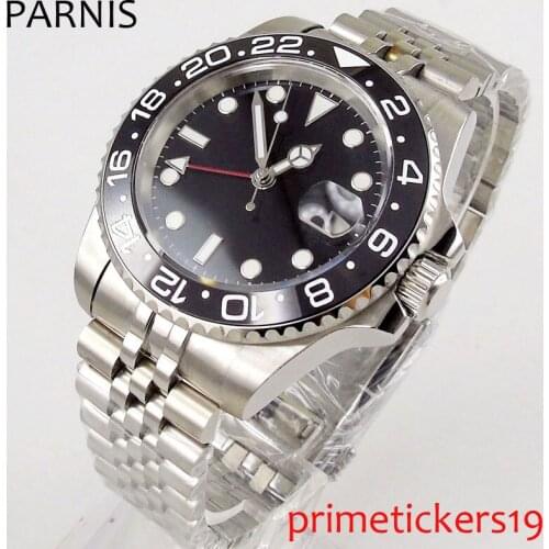 40mm PARNIS sterile black dial black ceramic bezel sapphire glass luminous hands GMT automatic mens watch PA1192
