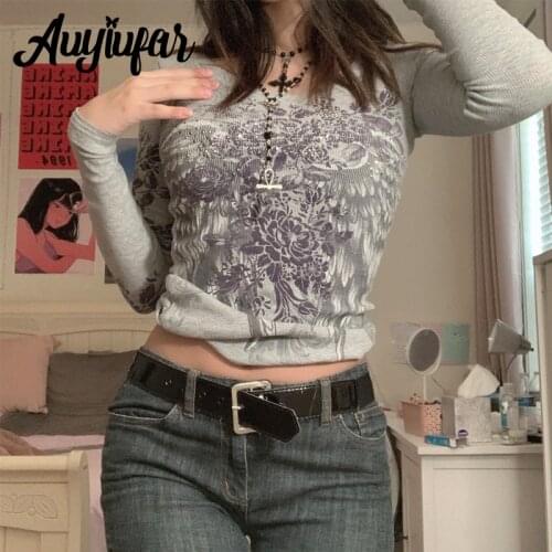 Auyiufar Wing Rhinestone Fairy Grunge Tees Floral Pattern Vintage Basic Bodycon Top Elfcore Round Neck Women Pullover Autumn New