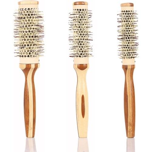 Bamboo Wooden Handle Rolling Comb Cylinder Nylon Tooth Modeling Within Buckle Volume Hairstyle Fluffy Curly Hair Comb