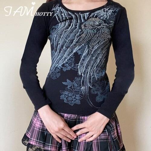 Black Printed Rhinestone T Shirt Women Vintage Crop Top Aesthetic Grunge Clothes Long Sleeve Tops Gothic Chic Shirt Iamhotty