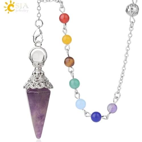 CSJA Natural Stones Pendulum for Dowsing Divination 7 Chakra Chain Hexagonal Column Silver-color Cone Pendant Reiki Pendule G400