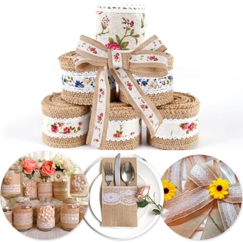 QIFU 2M Flower Pattern Natural Jute Burlap Ribbon Rustic Wedding Decor Vintage Wedding Table Centerpieces Supplies Weeding Gift