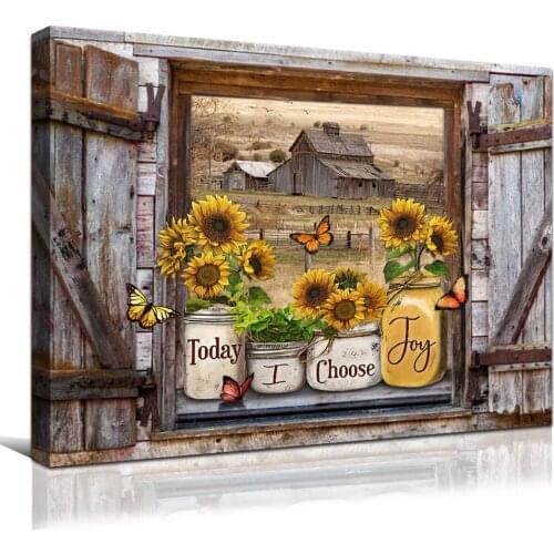 Rustic Sunflowers Canvas Fake Window Farmhouse Paintings Wall Art Pictures Vintage Wood House Butterflies Print And Posters