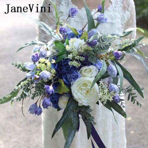 JaneVini Vintage Blue Eucalyptus Silk Roses Bridal Flowers Garden Bouquets Handmade Bride Wedding Accessories Fleur Artificielle