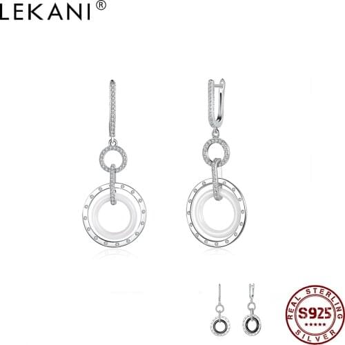LEKANI Simple Double Circle Ceramics Drop Earring Dazzling Zircon Earrings Women Valentines Day Sterling Silver 925 Jewelry