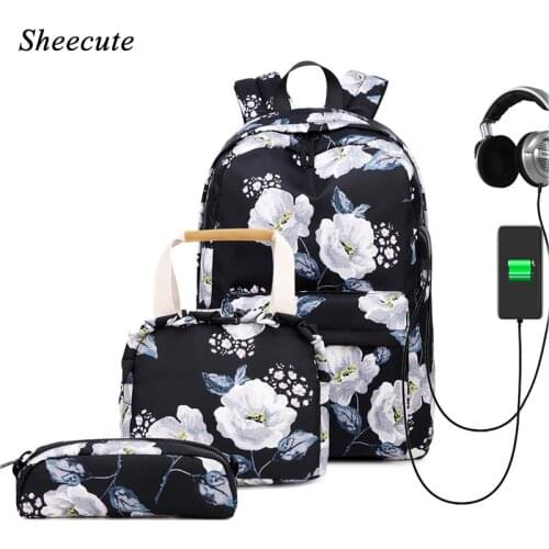 Fashion Flowers Print Children Backpack School Bags for Teenage Girls Backpack USB Change Laptop Backpack Women Computer Bags
