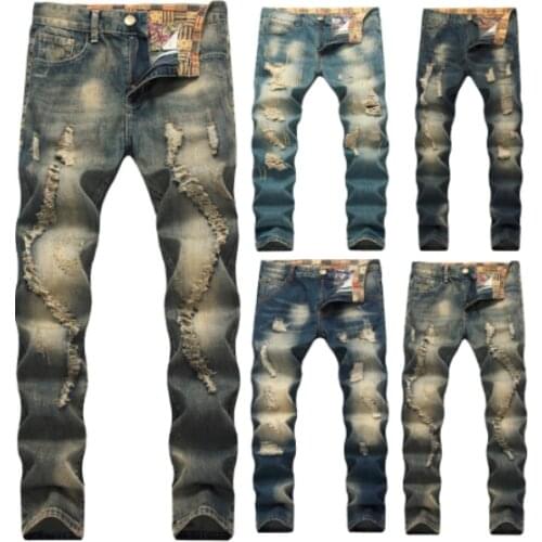 2021 Men’s Moto Style Hole Jeans,Retro Hard Washed Biker Denim Pants,Cool Distressed Slim Straight Jeans,Young Must