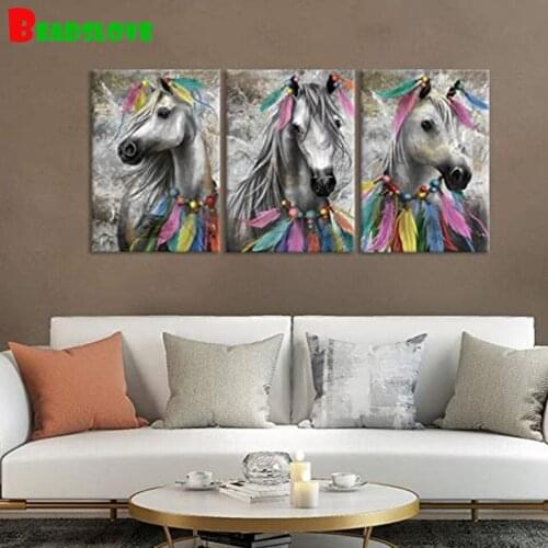 Vintage horses Diamond Painting 3 piece Animals horse Indian Feather diy diamond Embroidery full round Mosaic living room Decor