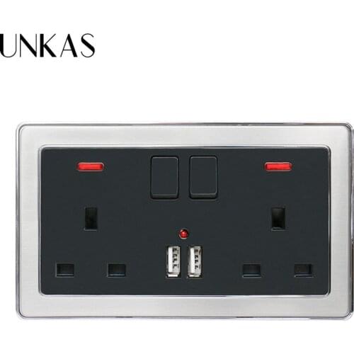 UNKAS UK Standard Stainless Steel Frame Black Outlet Wall Power Socket Double Socket With Neon 2.1A Dual USB Charger Port