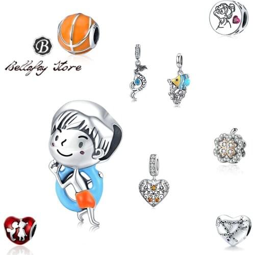 Bellafay Customed Heart Dangles Real 925 Sterling Silver Boy Charms Fits Original Bracelet Bangle DIY Beads Jewelry Decoration