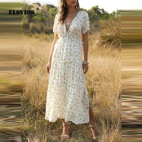 Ruffled Floral Bohemian Dress Elegant Lady Printing Split Large Swing Long Outfit Summer Sexy V-Neck Women Fashion Party Dresses