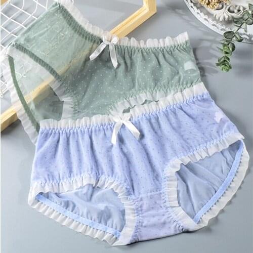 Sexy Dot Lace Panties Plus Size New Thin Ruffle Bow Transparent Mesh Panties of Large Size Cute Briefs Female Underwear women