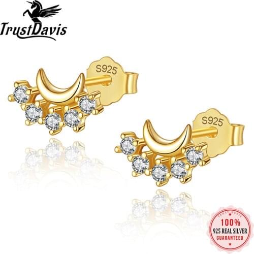 TrustDavis Real 925 Sterling Silver 14K Gold Plating Zircon Moon Stud Earrings Women Cute Student Girlfriends Jewelry Gift L037