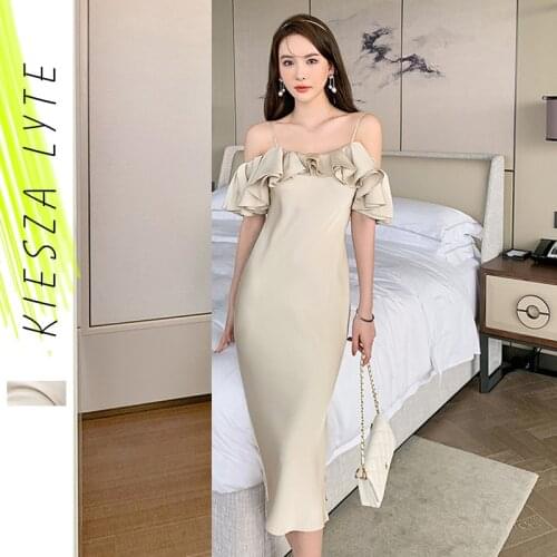 Vintage Champagne Dress New Womens Clothing For Summer 2021 Strap Falbala Midi Dresses