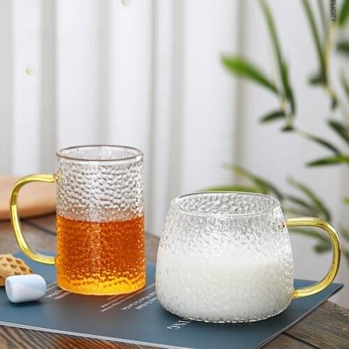 Japanese Hammer Glass Tea Mug Simple Office Flower Tea Cup Large Capacity Single Layer Yellow Handle Glass