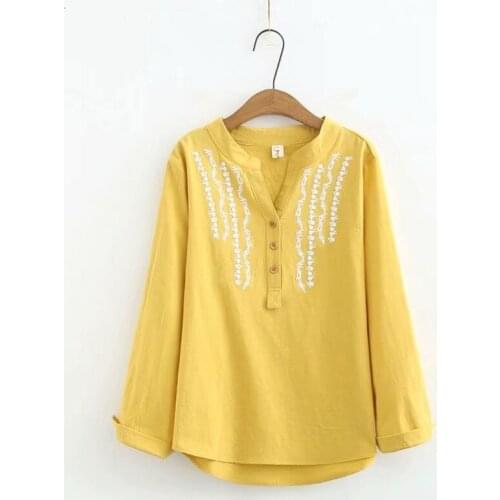 Plus Size Womens V Neck Long Sleeve Blouse Floral Embroidery Blusas Loose Shirts White OL Tops