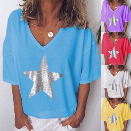Summer Hot Style European and American Womens Loose V-neck Short-sleeved Shirt Star Print T-shirt Women