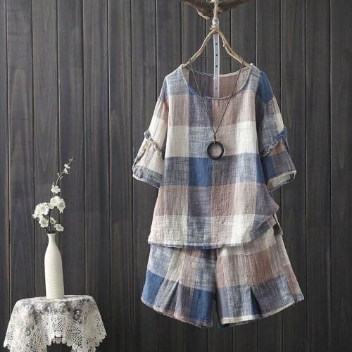 2021 Summer Womens Suits Student Art Casual Cotton Linen Plaid T-shirt Suits Female Short Sleeve T Shirt Shorts Two Piece Suit