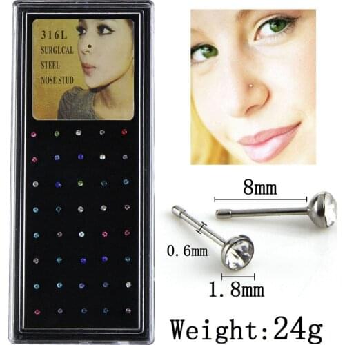 Ahmed 60pcs/set Crystal Rhinestone Nose Titanium steel Nose Piercing Stud Superfine ear bone needle earrings Body Jewelry