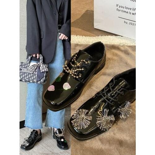 Korean style college style metal decoration thick-soled square toe womens single shoes summer new casual small leather shoes