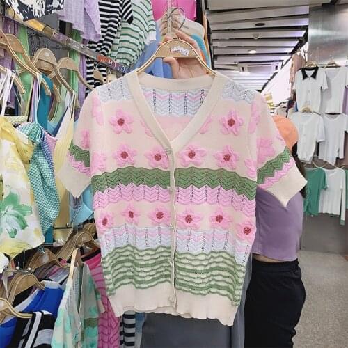 Summer New Thin Sweater Cardigan Women V-neck Jacquard Sequined Flower Pearl Button Knitted Short Sleeve Striped Casual Knitwear