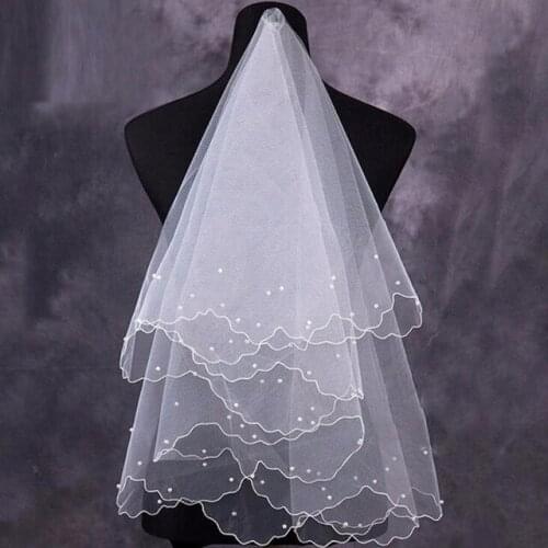 Women Pearl Bridal Veils Wedding Dress Veil Layers Tulle Ribbon Edge Wedding Accessories