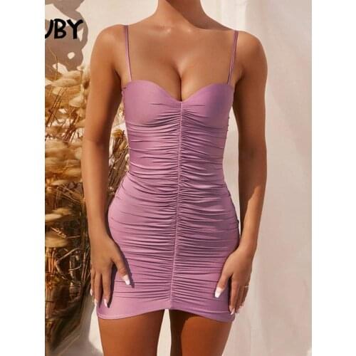 Women Summer Dress 2020 New Arrivals Sexy Pink Spaghetti Strap Pleated Bodycon White Black Khaki Purple Solid Dresses Vestidos