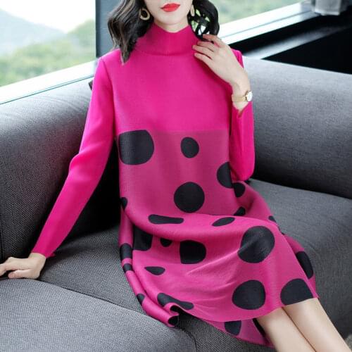 2021 New Autumn Winter Women Folds Sweater Dress Loose Turtleneck Knitted Long Sleeve Polka Dot Fashion Female Pullover Y458