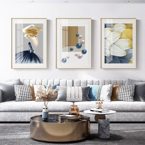 Golden Blue Woman Feather Canvas Poster Modern Art Print Geometric Abstract Painting Wall Pictures for Living Room Home Decor