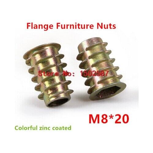 20pcs/lot M8*20 Furniture Nut Zinc Alloy Steel Colorful Plated Flanged Hex Drive Internal Thread Insert Wood Nuts