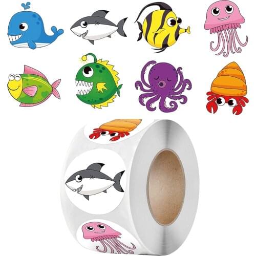 8 Designs Marine life Cartoon Animals Stickers for Kids Gift Toys Sticker 1inch 50-500pcs Reward Sticker