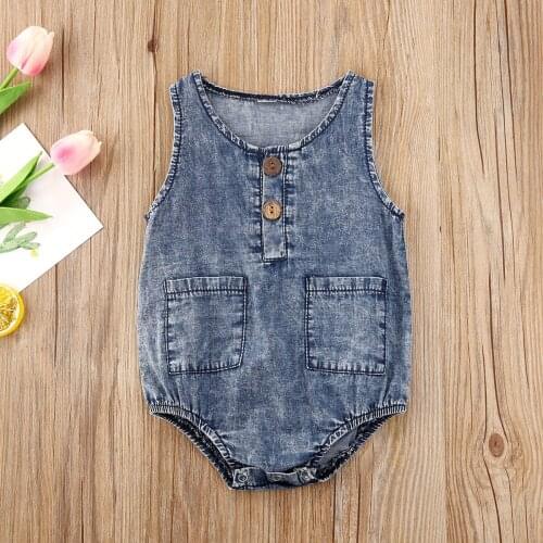 2021 Baby Summer Clothing Unisex Infant Sleeveless Denim Romper Baby Girls Boys Round Collar Pocket Jumpsuit Clothing