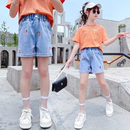 Girls Denim Shorts Korean Style Summer Strawberry Pattern Short Pants Kids Casual Clothes Childrens Shorts For Teen Girls 4-13Y