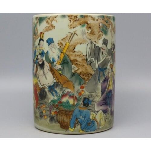 Chinese Old Marked Famille Rose Eight-Immortal Pattern Porcelain Brush Pot