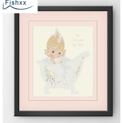 Fishxx Cross Stitch Package H123 European Hanging Cute Cartoon Character Pattern Bath Girl Ivory White Cloth