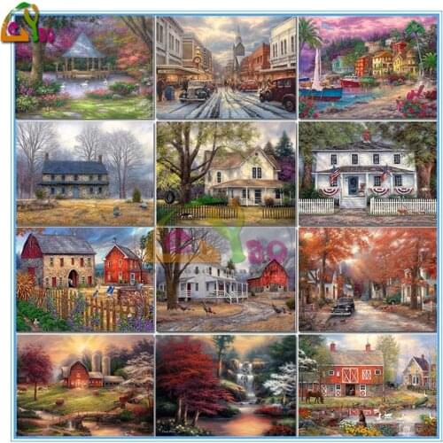 Full Square Rounf Drill 5D Diamond Painting Country House Wall Art Diamond Embroidery Landscape Diy Needlework Kits Home Decor