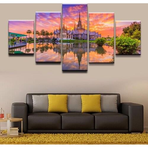 Canvas Frame Modern Living Room Home Decor 5 Panel Sunset Thailand Religious Temple Pictures Painting Wall Art Printed Poster